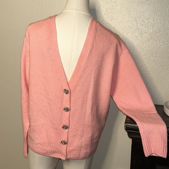 CeCe Crystal Embellished Two-Way Pink Snuggly Soft Knit Cardigan Sweater Sz XS - Picture 6 of 15